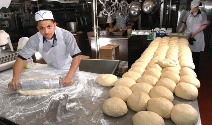 bakers,baking,bread,cook,food,kitchen,fresh,flour,dough,oven,military,work,labor,job,navy,white bread, DON CHARISMA, dough, baker
